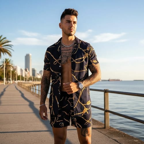 Conjunto hombre camisa y short detalle dorado